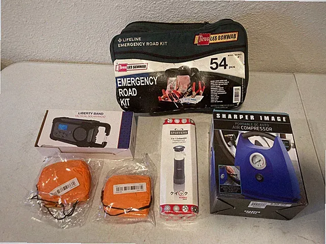 Car Emergency Roadside Kit - Air Compressor, Solar Radio, Lantern, Jumper Cables