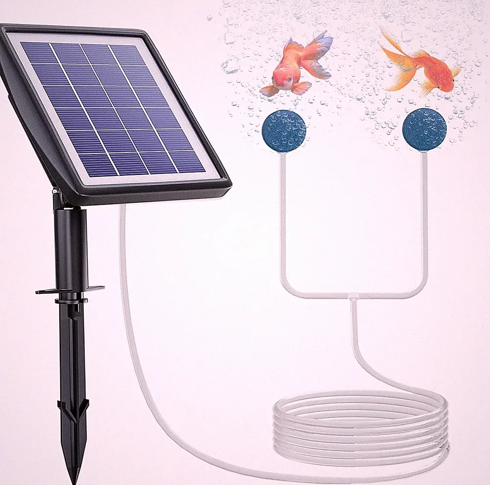 Solar Pond Aerator, 2W & 2200mAh Solar Aquarium Air Pump with 2 Air Stone 2 Mode